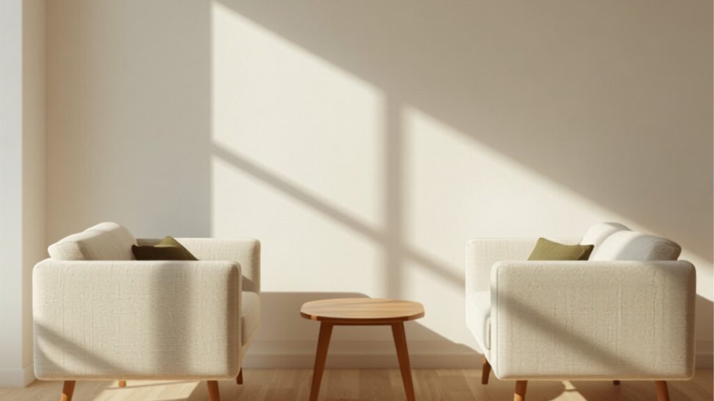 Twee compacte linnen banken tegenover elkaar in een kleine Scandinavisch-Nederlandse woonkamer met een lage eiken salontafel