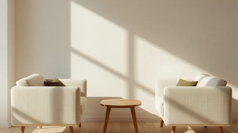 Twee compacte linnen banken tegenover elkaar in een kleine Scandinavisch-Nederlandse woonkamer met een lage eiken salontafel
