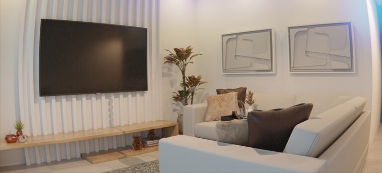 This image captures a beautifully rendered, modern living room with a focus on minimalist design and neutral tones. The composition is dominated by a large, wall-mounted television, which is set against a textured accent wall composed of vertical white wooden slats, lending depth and contemporary flair to the space. Below the television, a low, light-wood shelf serves as a minimalist media console, subtly decorated with small potted plants and ceramic vases. To the right, a plush, light-colored sectional sofa invites relaxation, adorned with various textured throw pillows in shades of cream, b