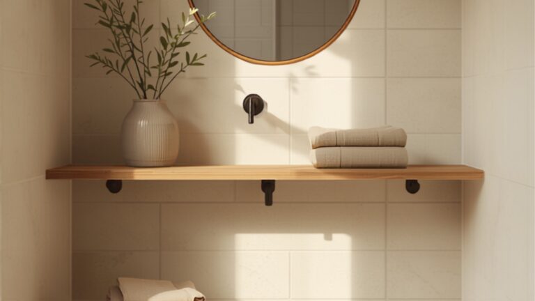 Opgeknapte compacte badkamer in Scandinavisch-Nederlandse stijl met beige geschilderde tegels, houten krukje en plank, linnen handdoeken en een ronde spiegel