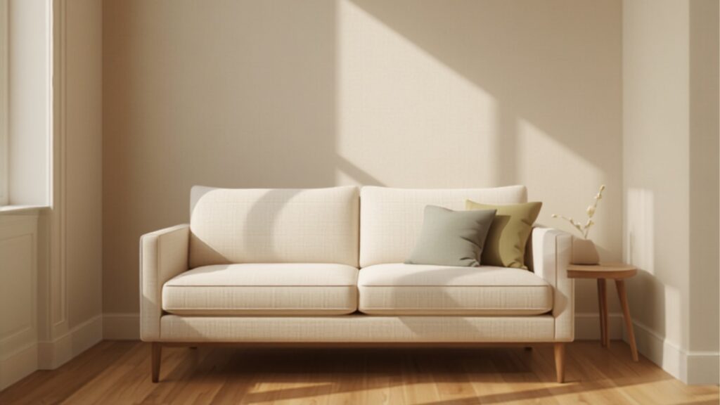 Lichte linnen bank zwevend midden in een kleine Scandinavisch-Nederlandse woonkamer met eiken vloer en warm daglicht