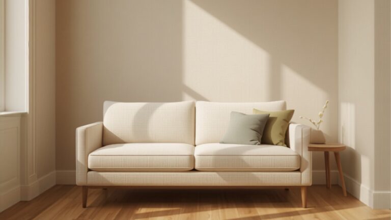 Lichte linnen bank zwevend midden in een kleine Scandinavisch-Nederlandse woonkamer met eiken vloer en warm daglicht