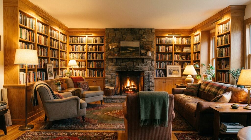 Knusse woonkamer met boekenkast van muur tot muur volgestouwd met boeken, book drenching woontrend 2026