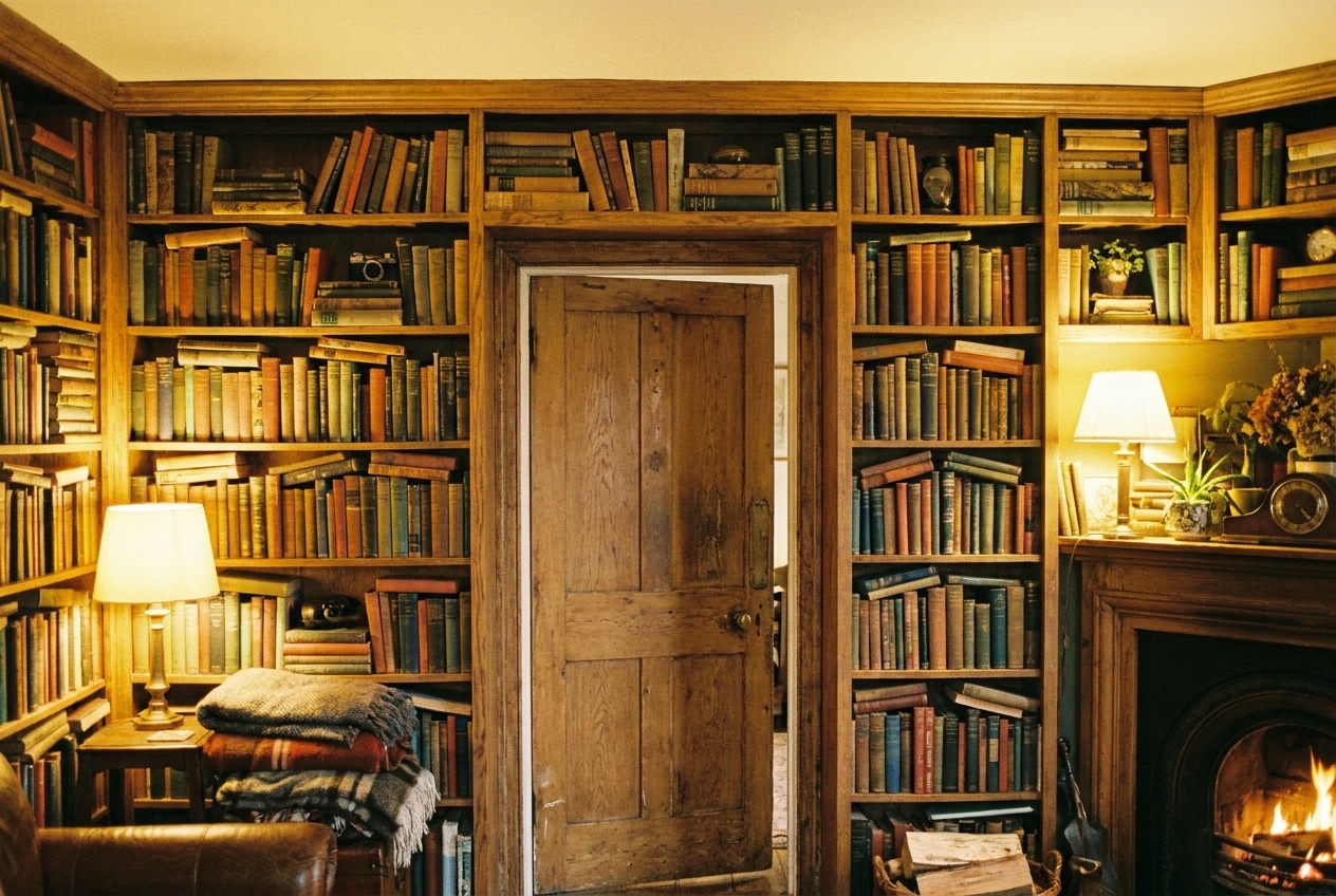 Ingebouwde boekenwand die rond een deur wrapt, vol boeken volgens de book drenching trend