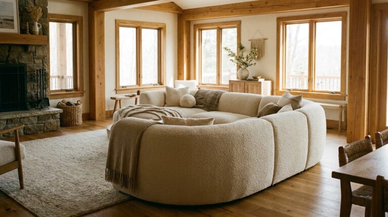 Diepe ronde loungebank in bouclé waar je in wegzakt, in een warme woonkamer met eikenhout, voorbeeld van de fat furniture woontrend 2026