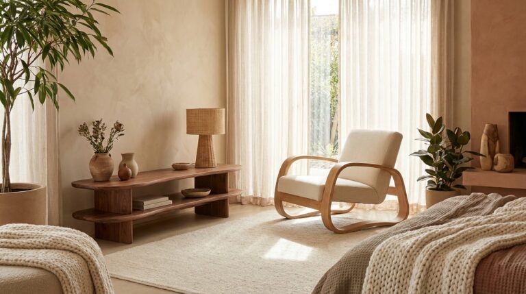 Woonkamer met golvende organische houten meubels, gebogen eiken loungestoel en console, vormtrend 2026