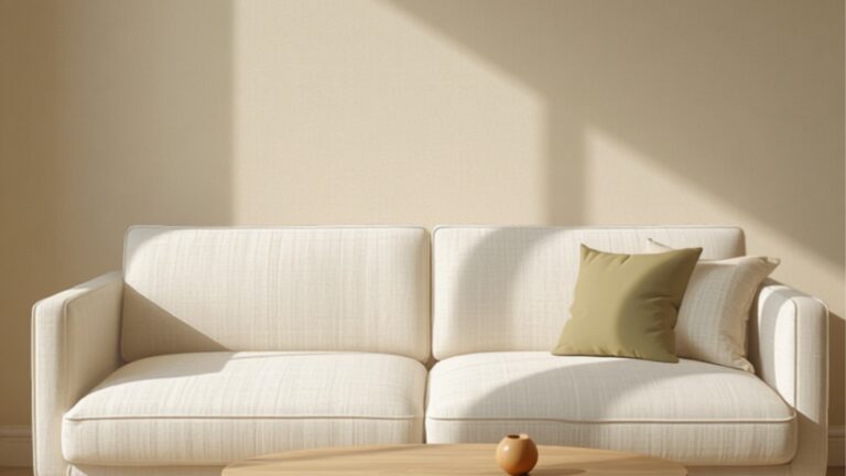 Grote lichte linnen bank in een kleine woonkamer met een slanke eiken salontafel en een olijfgroen kussen