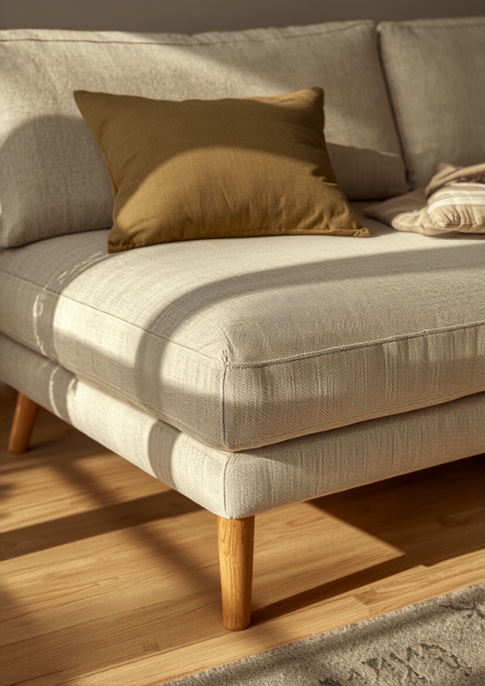 Detail van de hoek van een grote linnen bank met olijfgroen kussen en slanke eiken pootjes op een eiken vloer