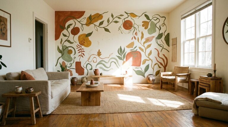 Woonkamer met een handgeschilderd freehand muurmotief in warme klei- en groentinten