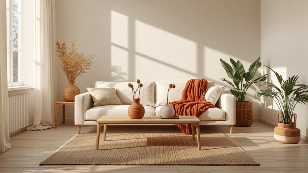 Warme woonkamer met linnen bank, houten meubels en terracotta accenten