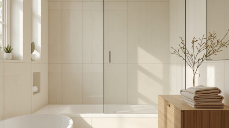 Kleine moderne badkamer met compact bad en inloopdouche met glazen wand langs een wand