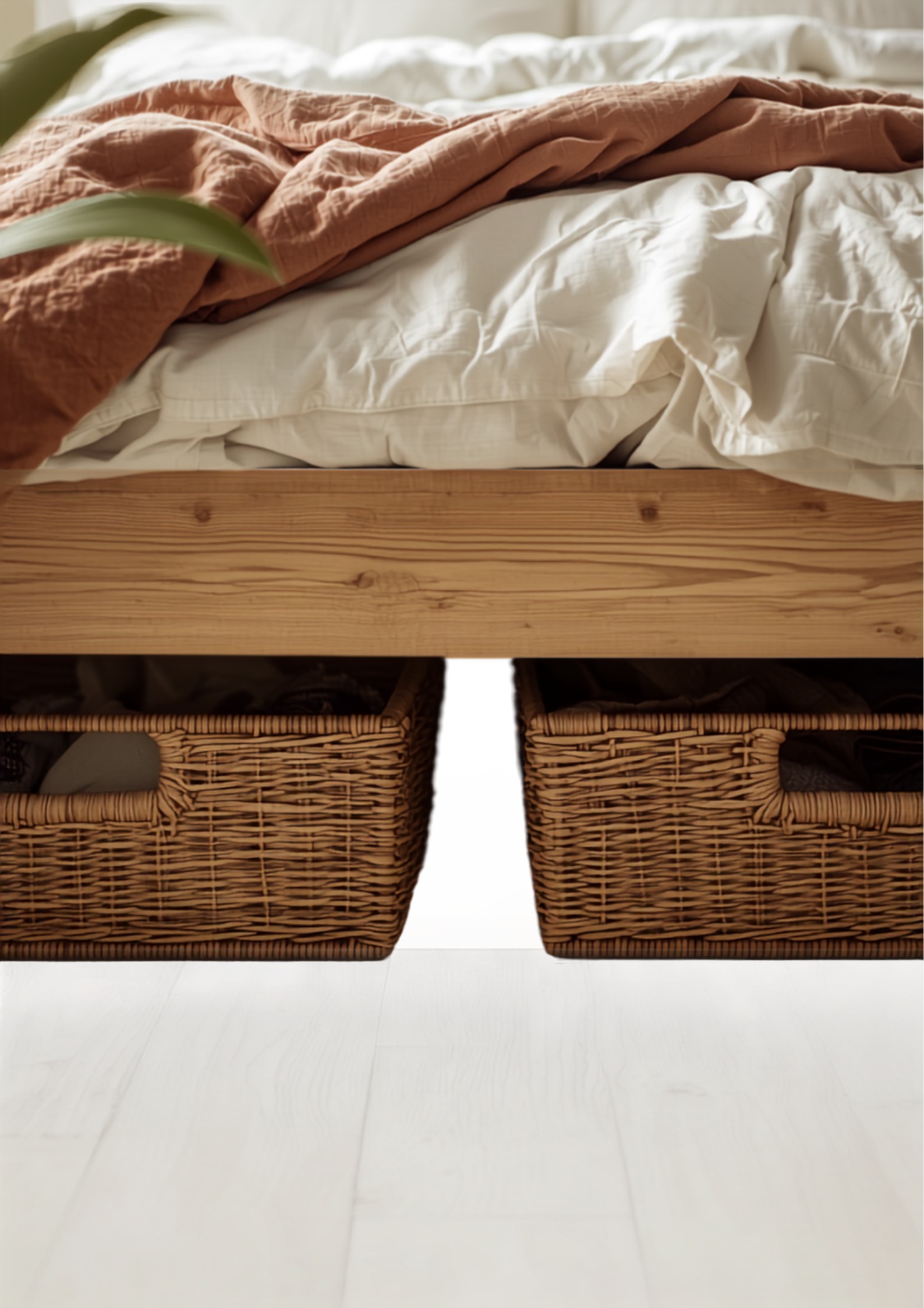 Opbergmanden onder een laag eiken tweepersoonsbed met linnen beddengoed in klei- en offwhite-tinten, slimme opberging in een kleine slaapkamer