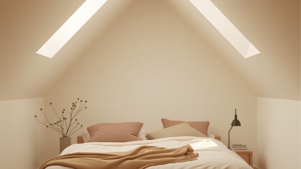 Kleine zolderkamer met schuin dak, laag eiken bed met linnen beddengoed in klei- en off-white tinten en daglicht via een dakraam