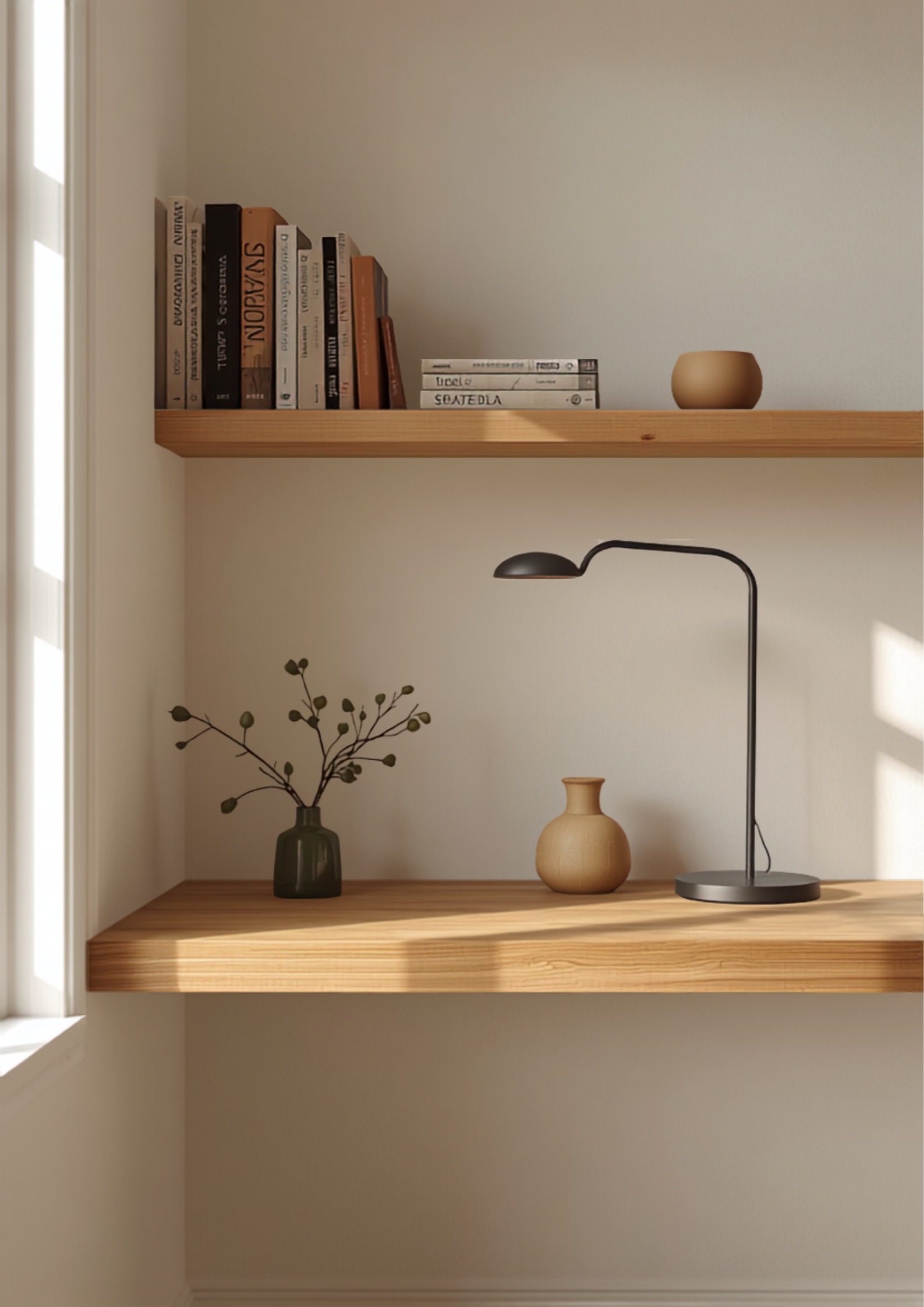 Smal bureau met een zwevende plank erboven in een kleine slaapkamer, met bureaulamp en warme inval van daglicht