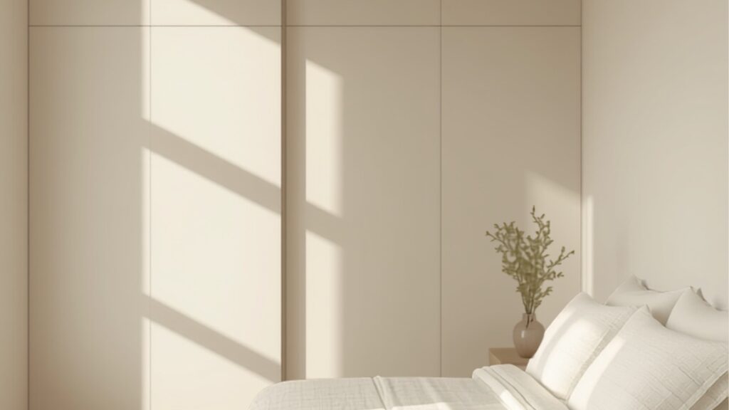Kleine Scandinavisch-Nederlandse slaapkamer met een inbouwkast tot aan het plafond in warme off-white en een opgemaakt bed met linnen beddengoed