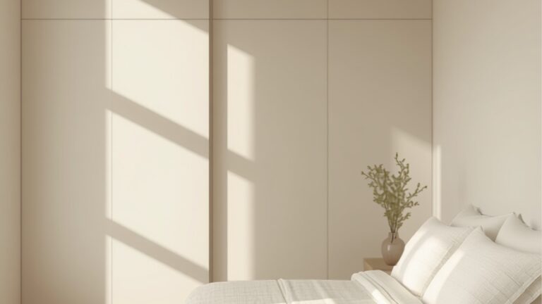 Kleine Scandinavisch-Nederlandse slaapkamer met een inbouwkast tot aan het plafond in warme off-white en een opgemaakt bed met linnen beddengoed
