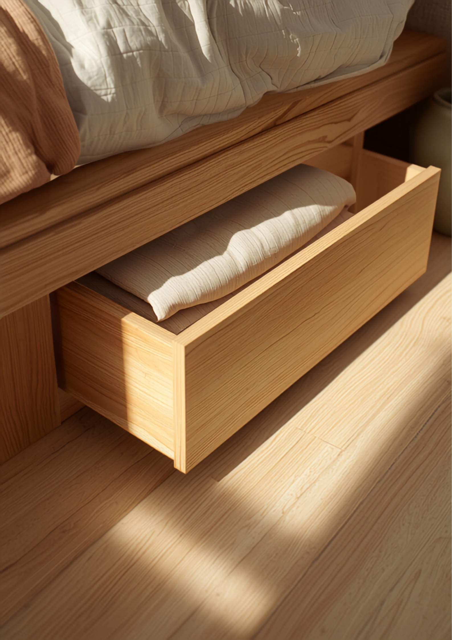 Uitgetrokken opberglade onder een eiken bed met netjes opgevouwen linnen beddengoed in een kleine slaapkamer