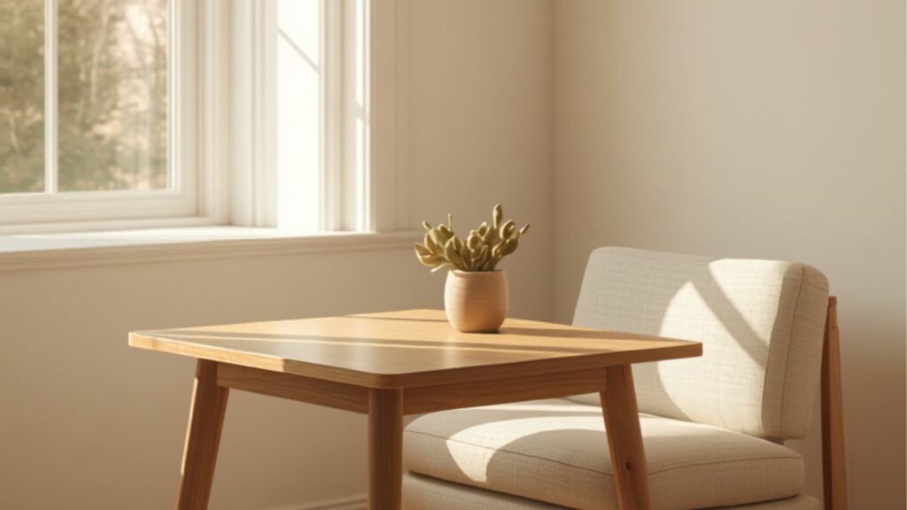 Kleine woonkamer met eettafel bij het raam