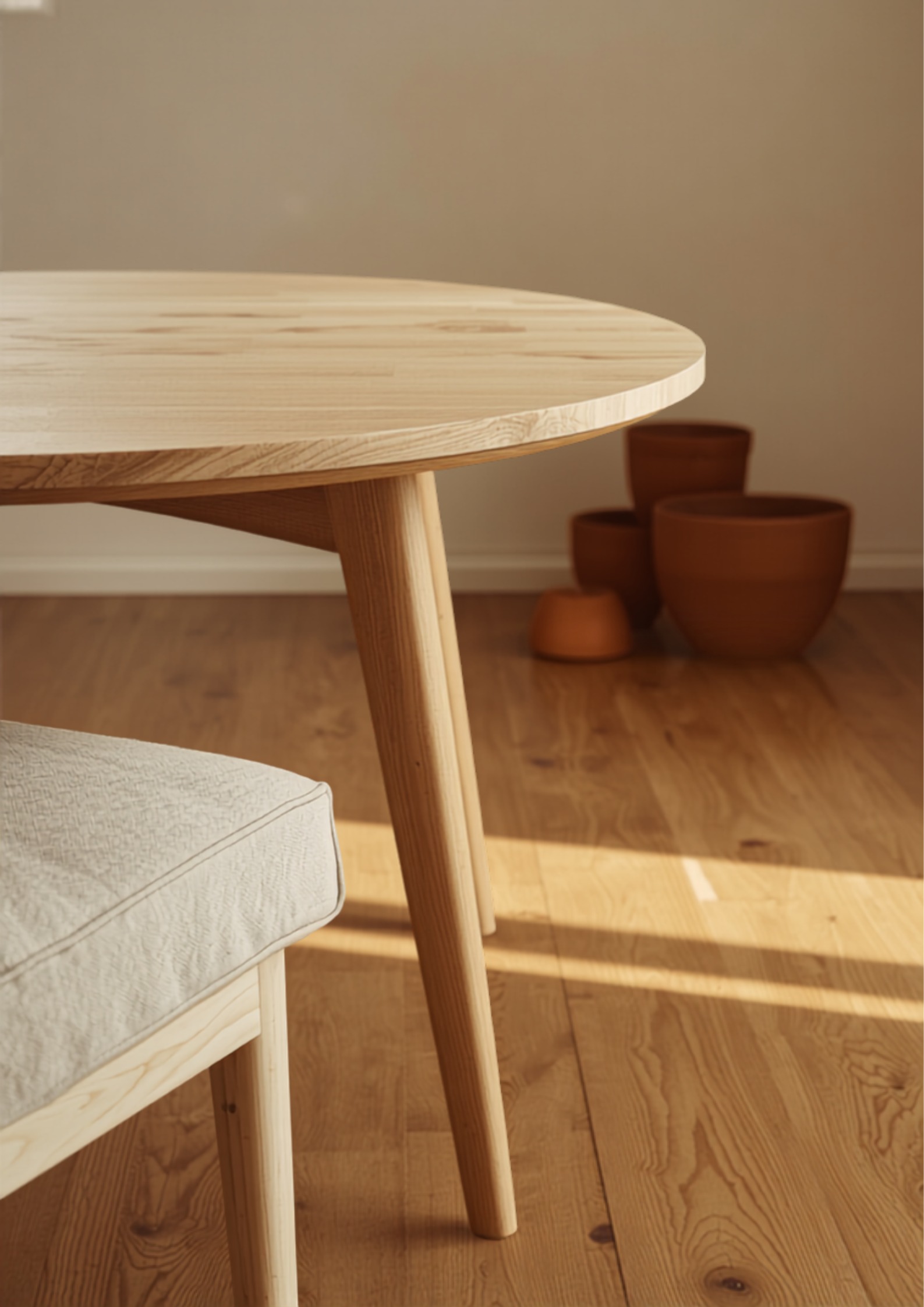 Ronde houten eettafel met slanke poten naast een linnen bank in een kleine woonkamer, met zichtbare vloer