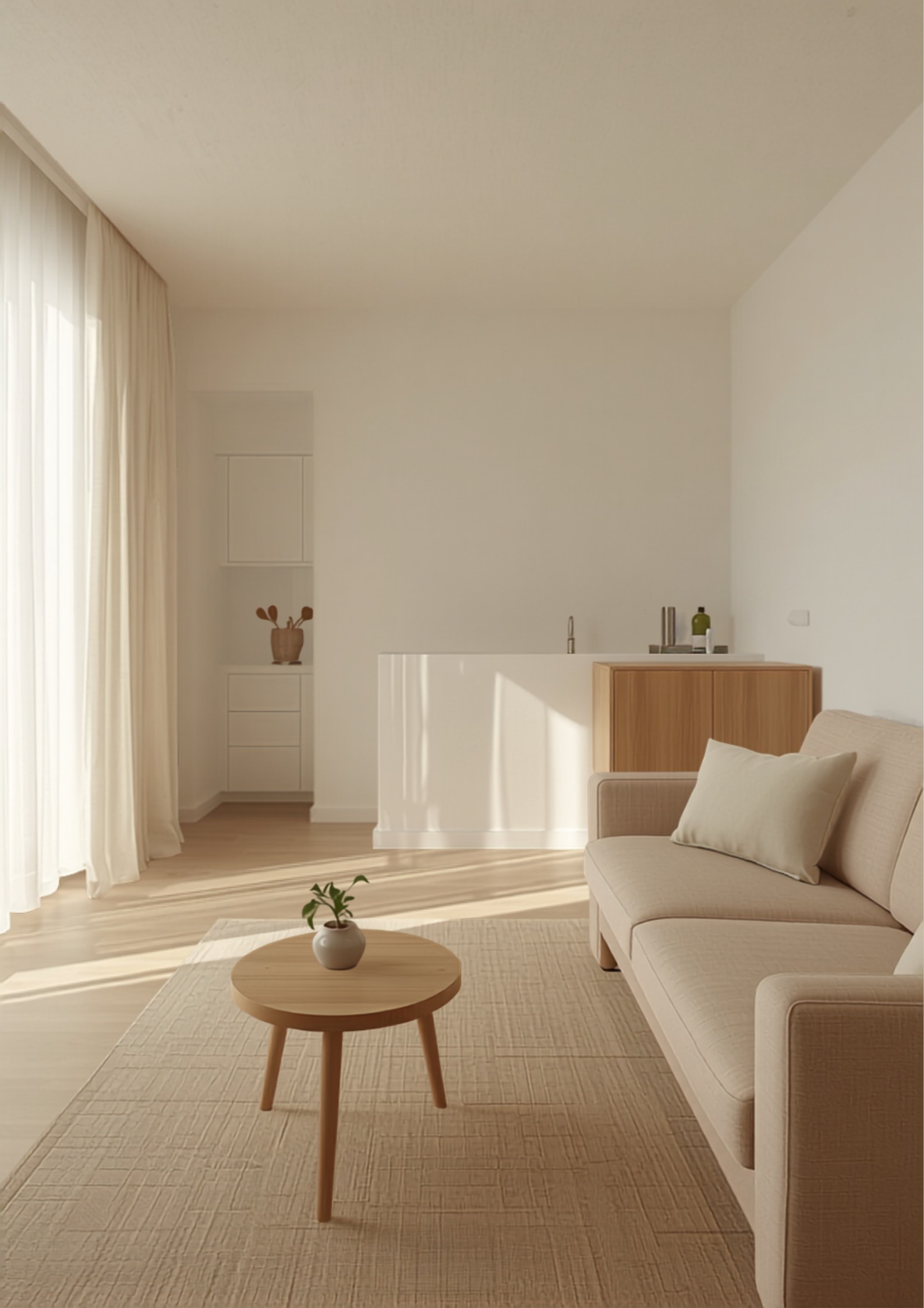 Kleine woonkamer met open keuken waarbij een ronde eettafel de zithoek en keuken op natuurlijke wijze scheidt