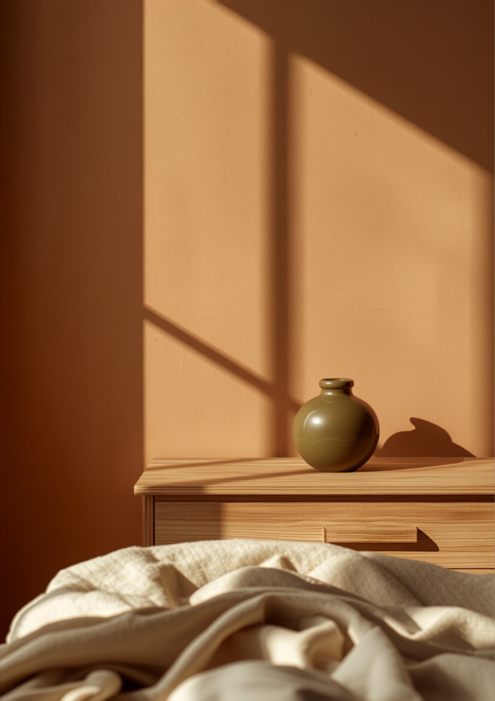Detail van een slaapkamerhoek met matte kleitint op de muur, eiken nachtkastje met linnen en een olijfgroene vaas als accent