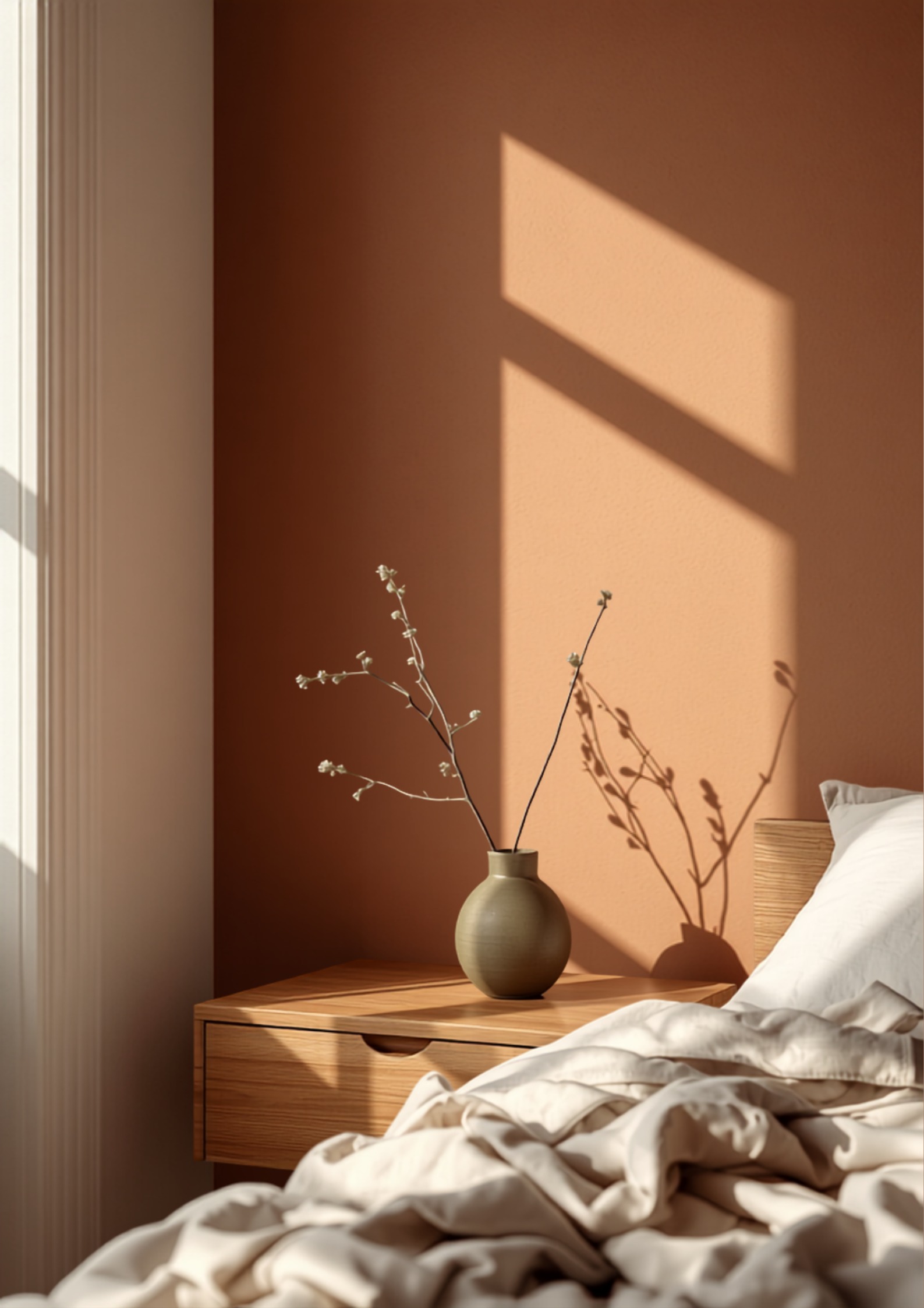 Slaapkamerhoek met matte kleikleurige muur, eiken nachtkastje en linnen textiel in warm daglicht