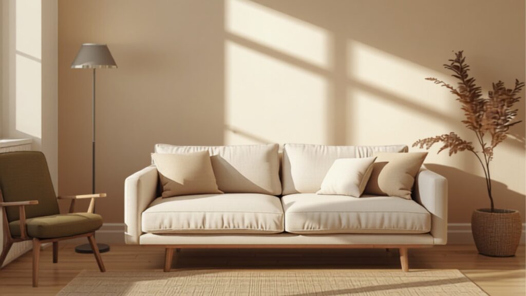 Warme Scandinavisch-Nederlandse woonkamer met kleitinten, off-white muren, eiken meubels en een olijfgroene fauteuil