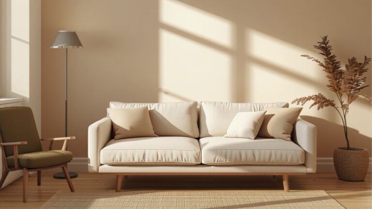 Warme Scandinavisch-Nederlandse woonkamer met kleitinten, off-white muren, eiken meubels en een olijfgroene fauteuil