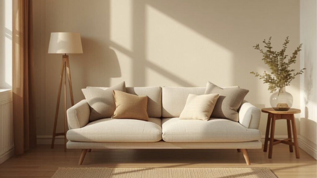 Warme Scandinavisch-Nederlandse woonkamer met klei- en off-white muren, eiken meubels en een olijfgroene fauteuil als accent