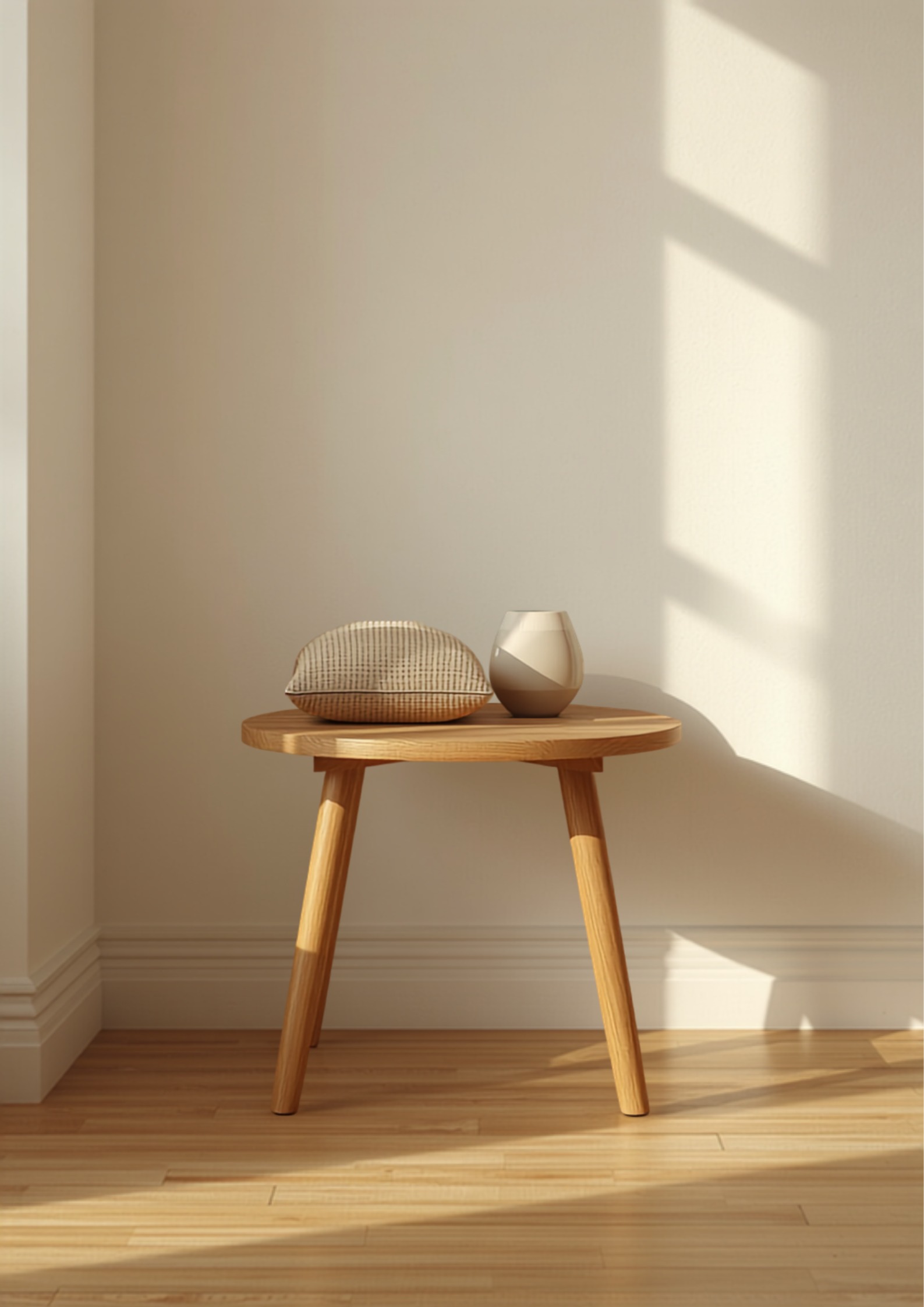 Detail van een eiken bijzettafel tegen een off-white kleimuur met linnen kussen, keramische vaas en een olijfgroen accent volgens de 60-30-10-regel