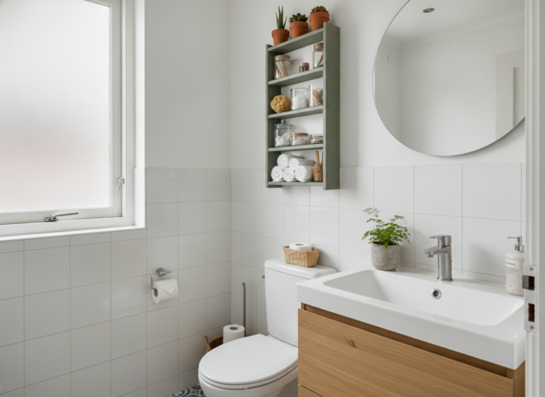 Kruidenrek als extra opberger benutten in een kleine badkamer