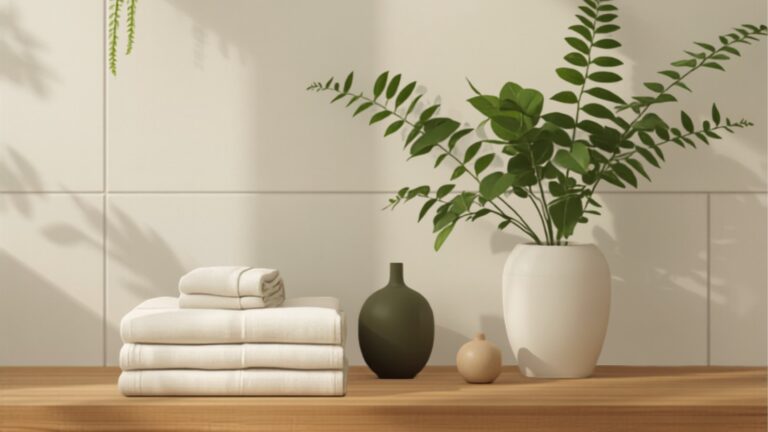 Serene Scandinavisch-Nederlandse badkamer met hangvaren, monstera en planten op een eiken wastafelmeubel