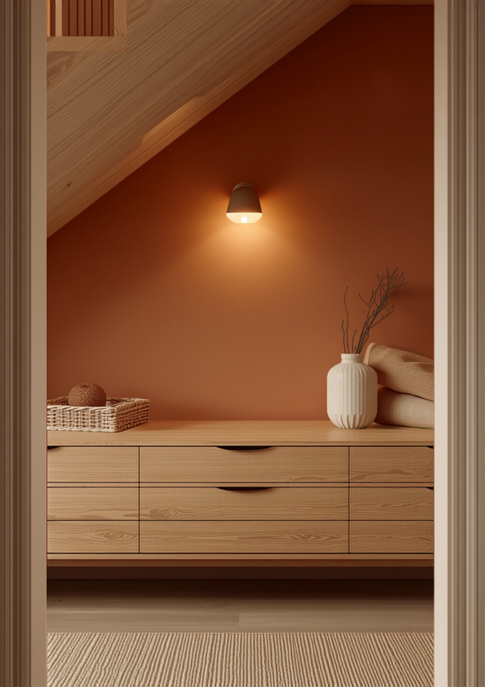 Laag dressoir met uitschuifbare lades weggewerkt onder een open trap, met warme wandverlichting