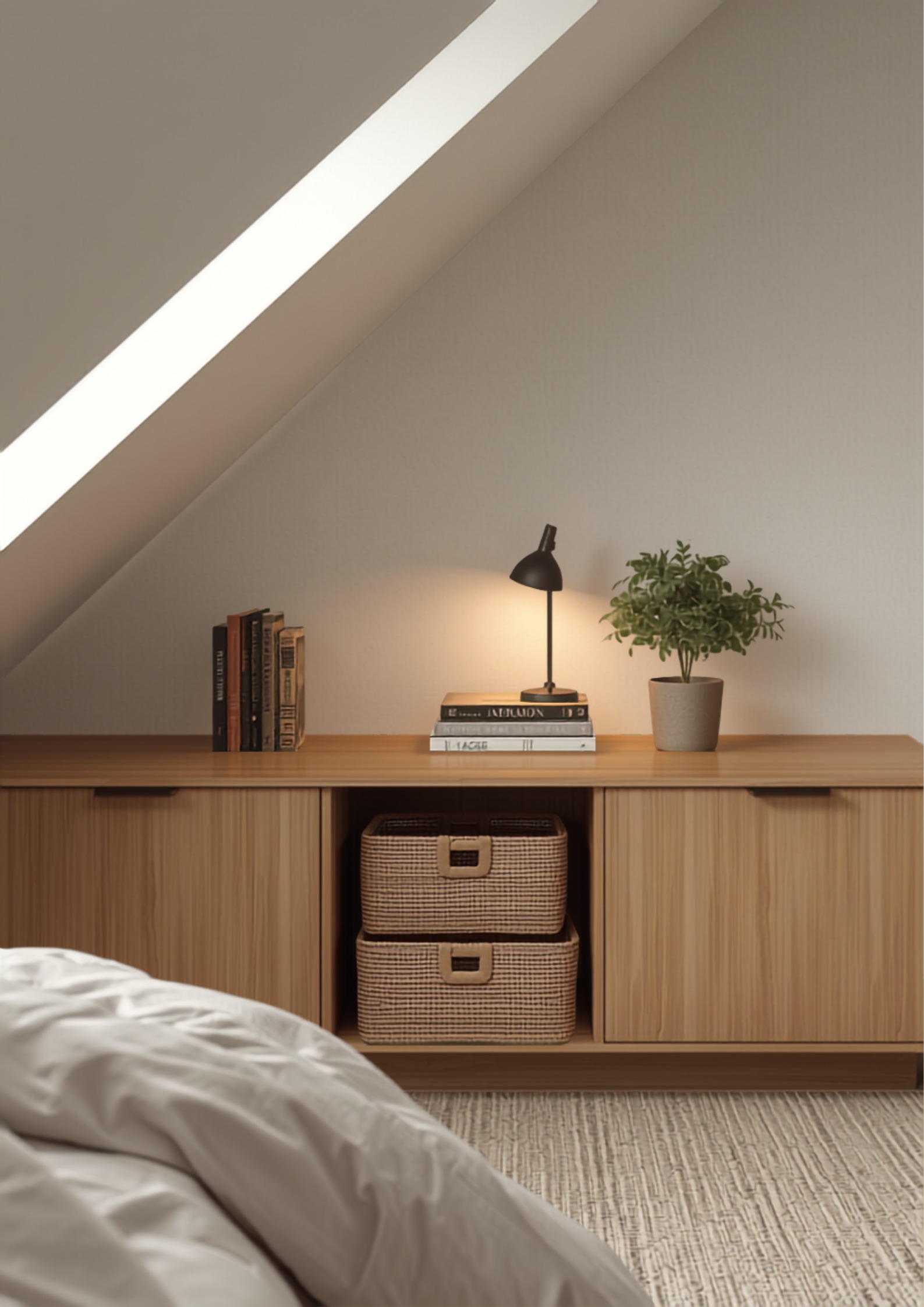 Lage houten kasten op maat onder de dakhelling met manden, boeken en een leeslampje