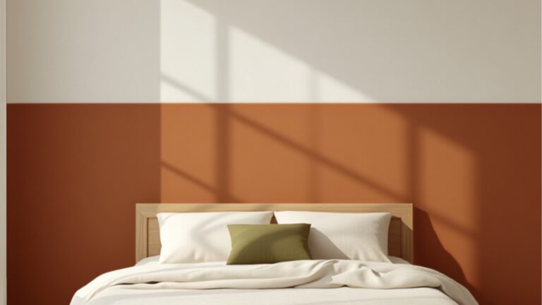 Slaapkamer in twee kleuren geverfd met warme terracotta onderkant en gebroken wit erboven, houten bed met linnen beddengoed