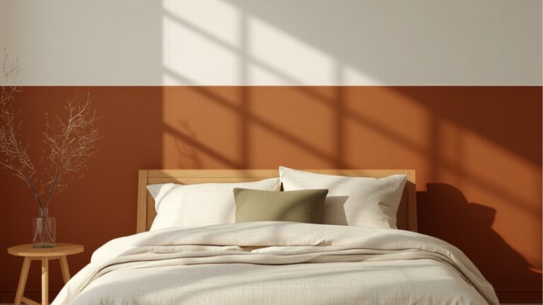 Slaapkamer met een muur in twee kleuren, warme terracotta onderaan en gebroken wit boven, met houten bed en linnen beddengoed