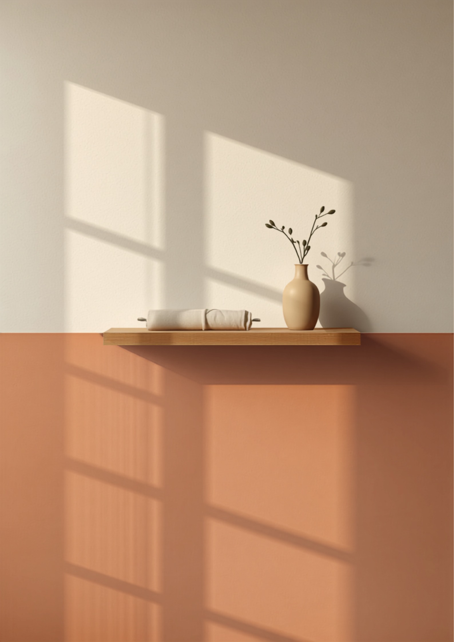 Detail van een strakke scheidslijn tussen terracotta en gebroken wit op een slaapkamermuur, met een eiken wandplank en olijfgroene tak in een vaas