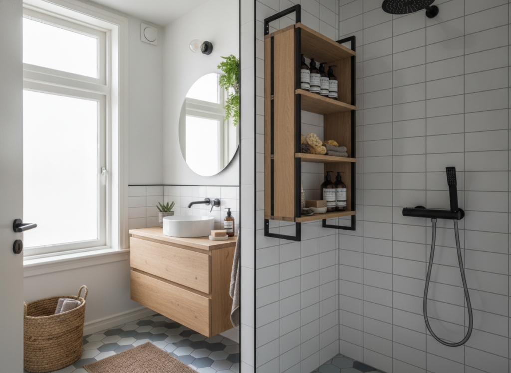 Slim inrichten van een kleine badkamer met een extra doucheplank
