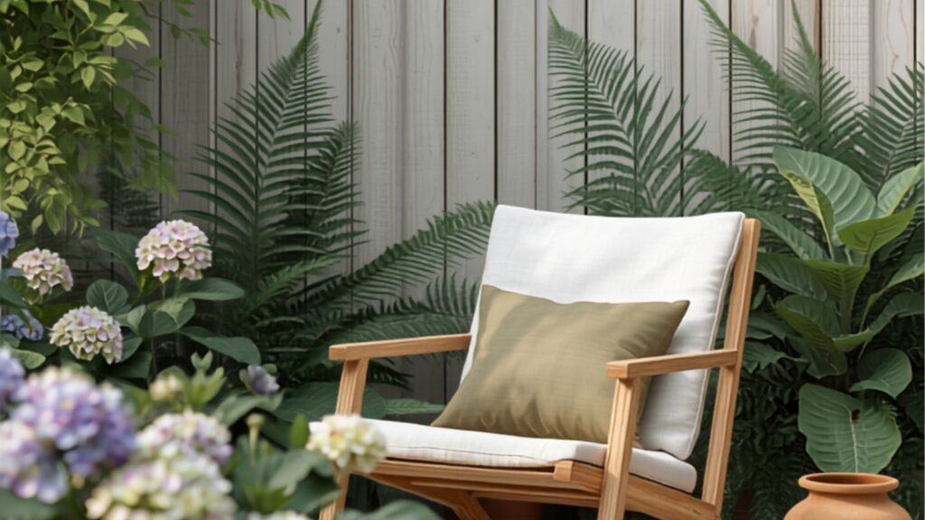 Schaduwrijke tuin op het noorden met hortensias, varens, houten loungestoel en terracotta pot tegen een lichte houten schutting