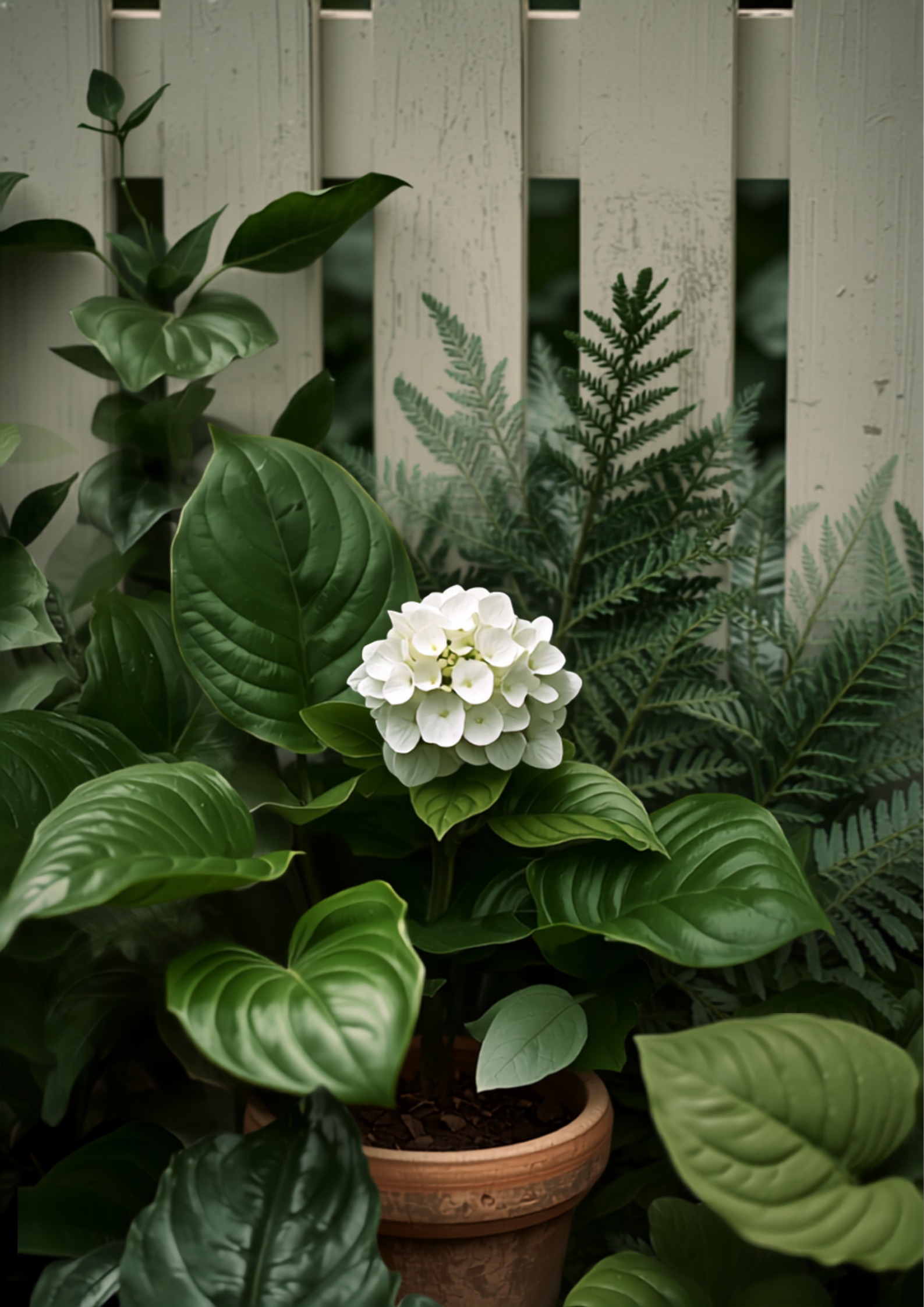 Schaduwminnende planten met witte hortensia, glanzende bladeren en varens in een terracotta pot tegen een lichte houten schutting