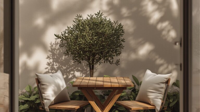 Compacte houten ontbijttafel met twee stoelen en off-white kussens in een tuin op het oosten met zachte ochtendzon