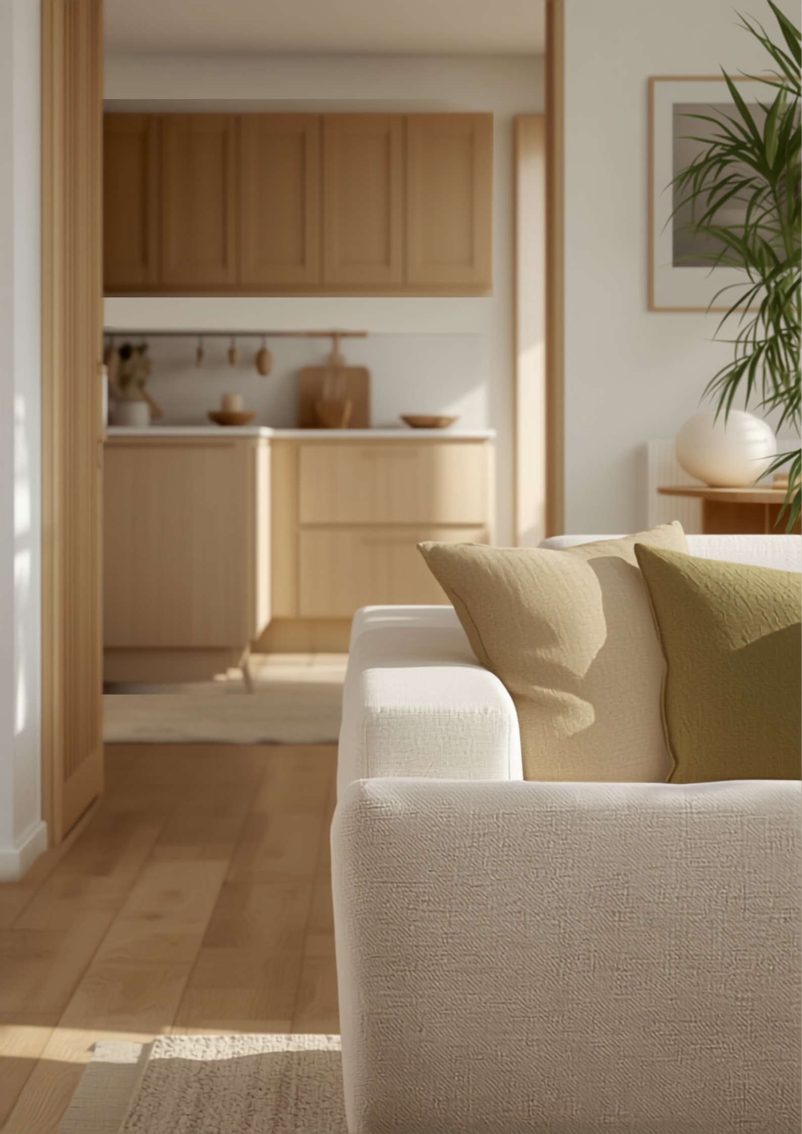 Looproute tussen open keuken en zithoek in een vierkante woonkamer, lichte eiken keuken op de achtergrond en een linnen bank met wollen vloerkleed die de zitzone afbakent