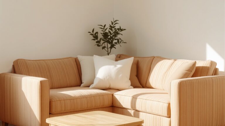 Lichte hoekbank in kleiige tint in een kleine Scandinavisch-Nederlandse woonkamer met eiken vloer en daglicht
