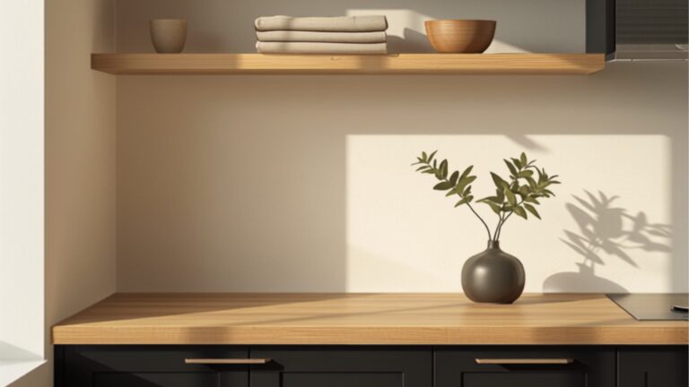 Matzwarte keuken met eiken werkblad tegen een warme kleiwitte muur, olijfgroene plant als accent