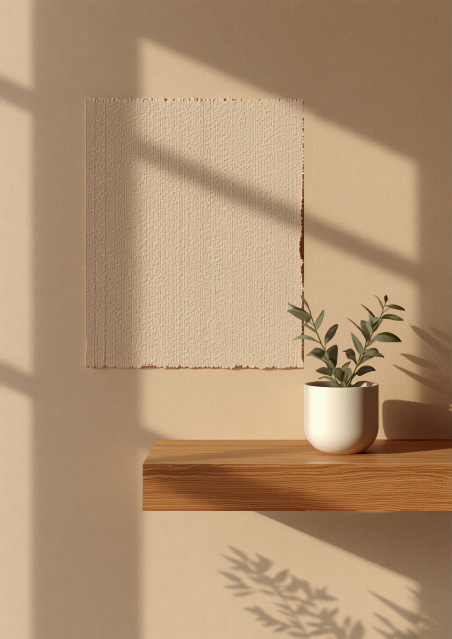 Verfstaal van een zachte klei- en greige kleur op een woonkamermuur naast een eiken plank met olijfgroen plantje