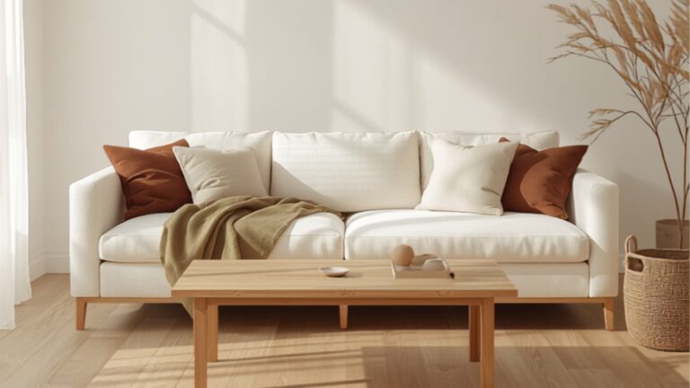 Scandinavisch-Nederlandse woonkamer met lichte eiken vloer, linnen off-white bank en warme klei- en terracotta accenten in zacht daglicht