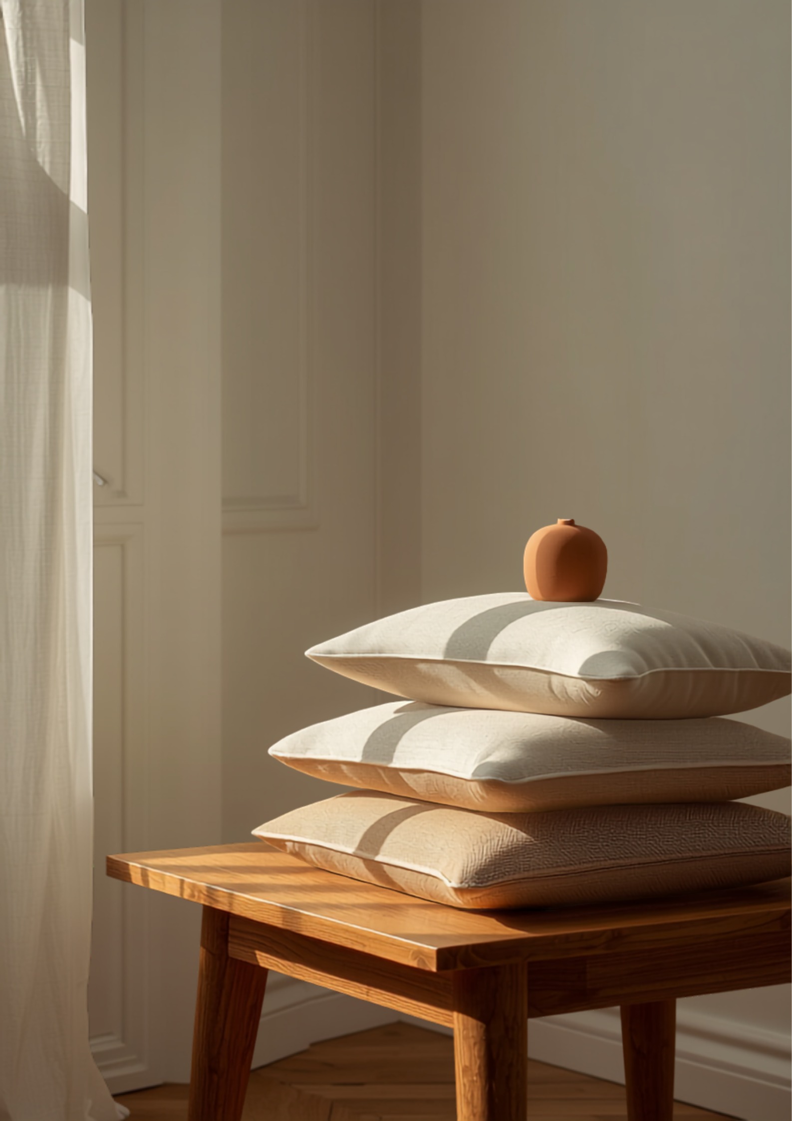 Gestylde woonkamerhoek met eiken bijzettafel, gestapelde linnen kussens in off-white en terracotta en een klei-kleurige vaas als warm accent