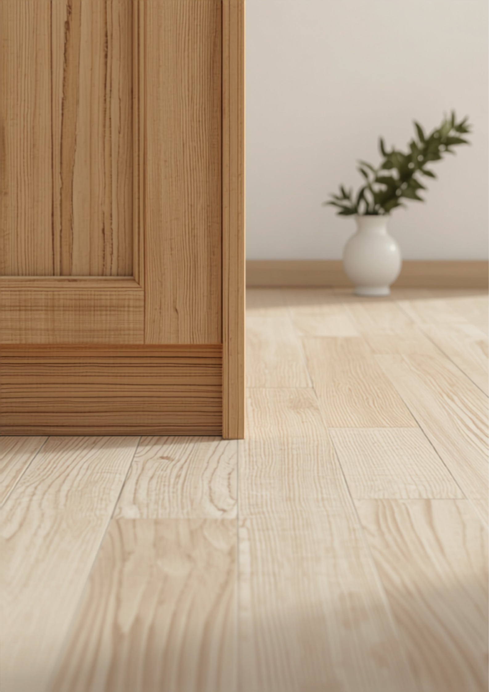 Detail van de overgang tussen een eiken keukenkast en een lichte houten vloer met olijfgroen accent