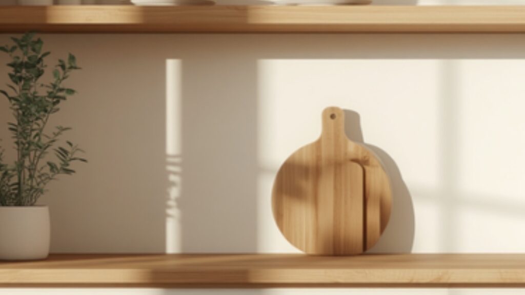 Witte keuken met warme eiken accenten, open eikenhouten planken en olijfgroen plantje in Scandinavisch-Nederlandse stijl