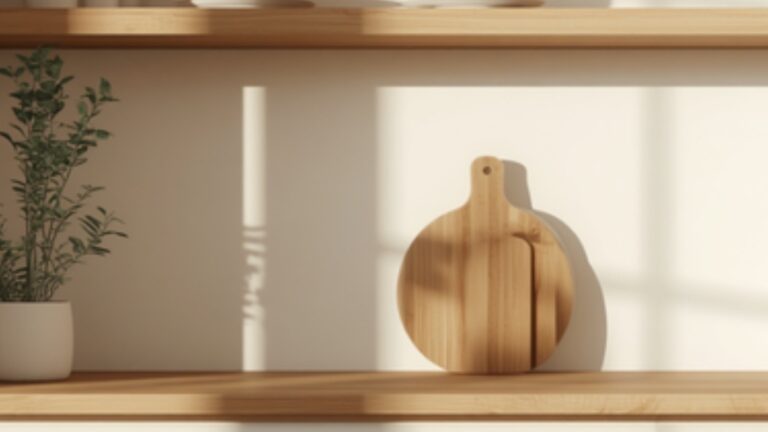 Witte keuken met warme eiken accenten, open eikenhouten planken en olijfgroen plantje in Scandinavisch-Nederlandse stijl